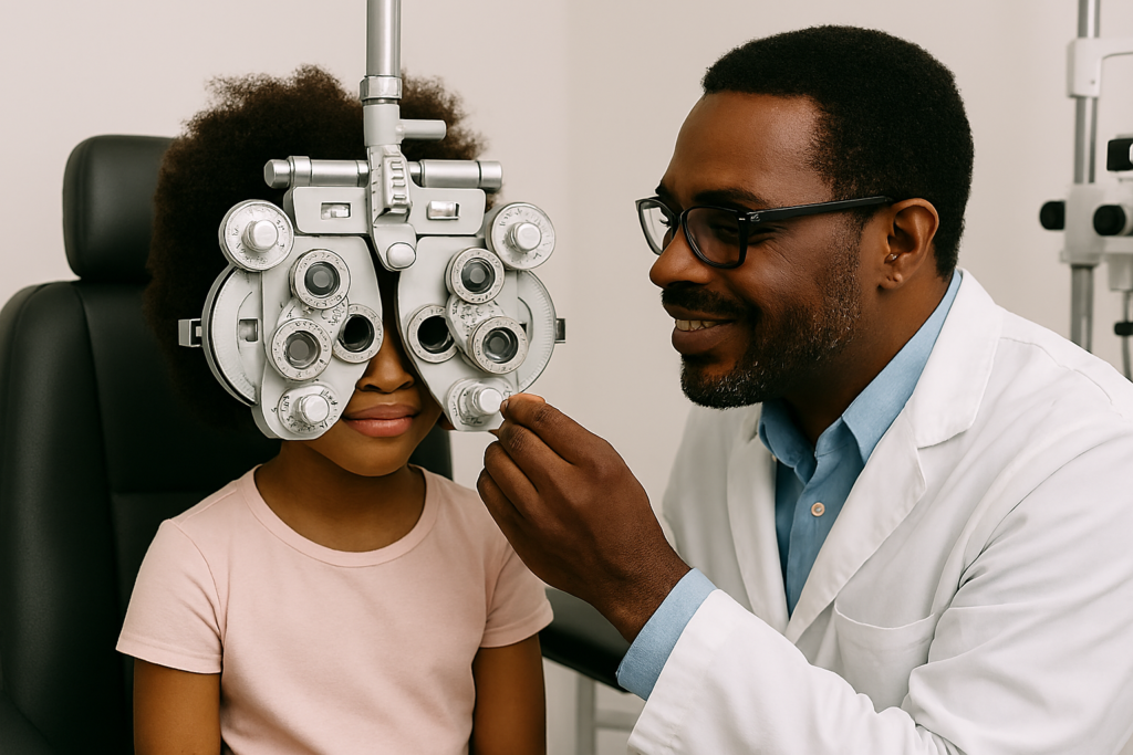 Optometrist examining a girl child's eyes with a phoropter